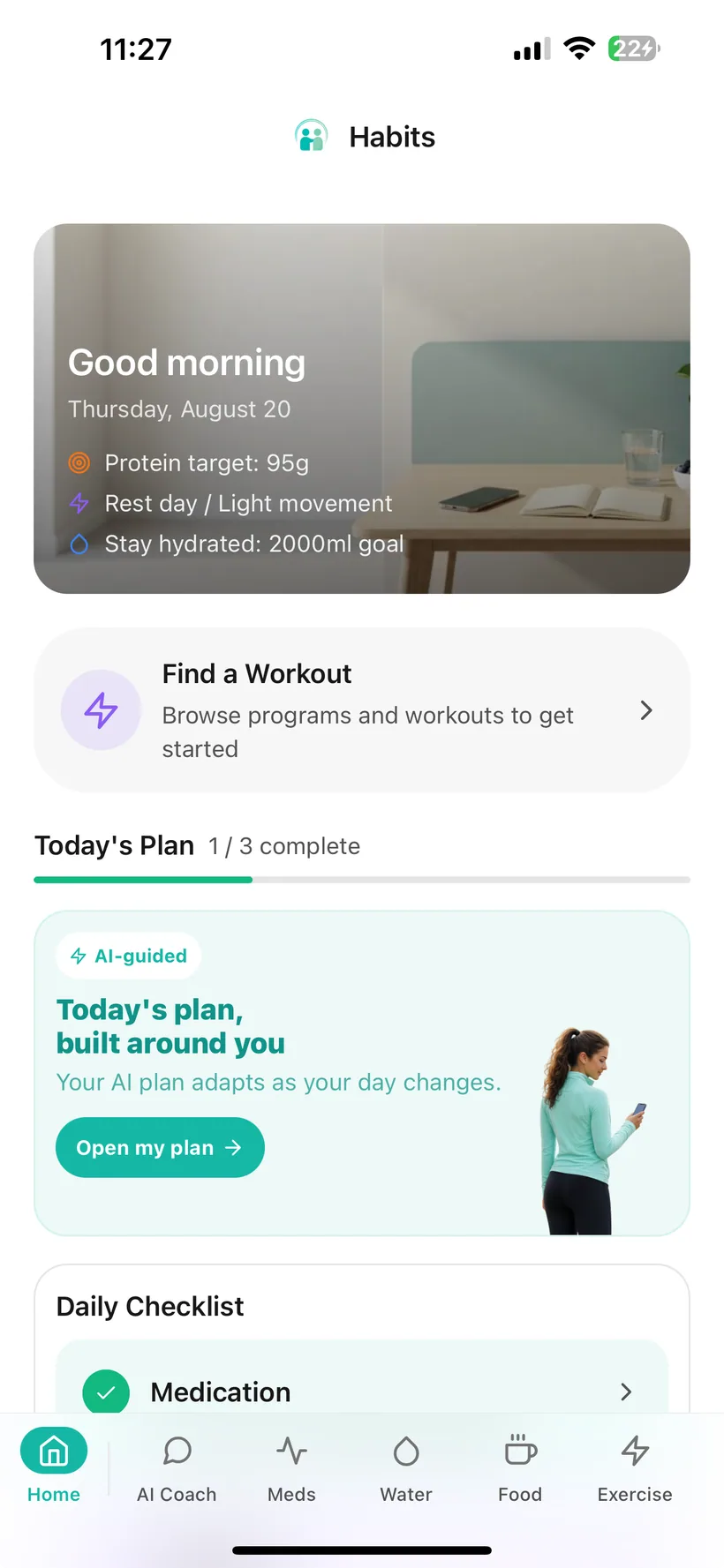 Habits app Today screen showing a daily plan, protein target, hydration goal and medication checklist