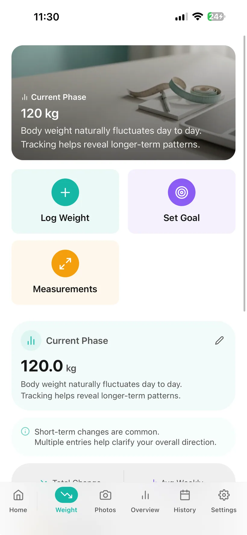 Habits Weight screen showing current weight, log weight, set goal and body measurements